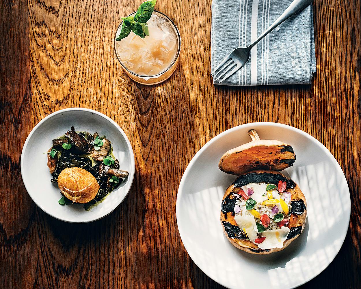 A breaded duck egg with smoked mushrooms, the Oaxaca Smash, and roasted butterkin squash.