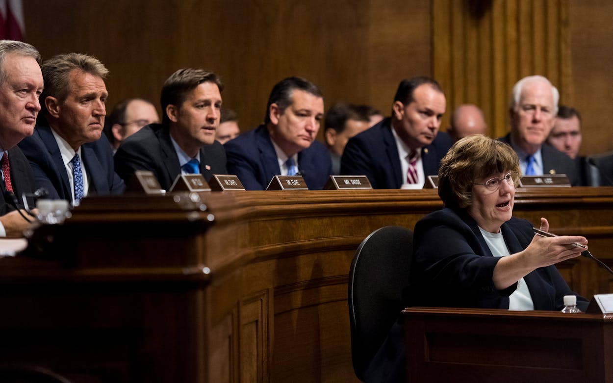 Senators including Ted Cruz and John Cornyn listen as Rachel Mitchell, counsel for Senate Judiciary Committee Republicans, questions Dr. Christine Blasey Ford during the Senate Judiciary Committee hearing on the nomination of Brett Kavanaugh.