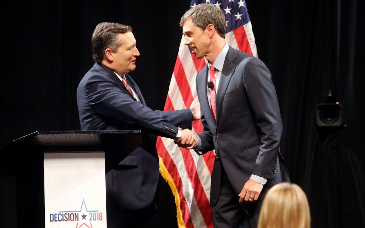 Sen. Ted Cruz (R-TX) shakes hands with Rep. Beto O'Rourke (D-TX) prior to the start of a debate at SMU on September 21, 2018 in Dallas.