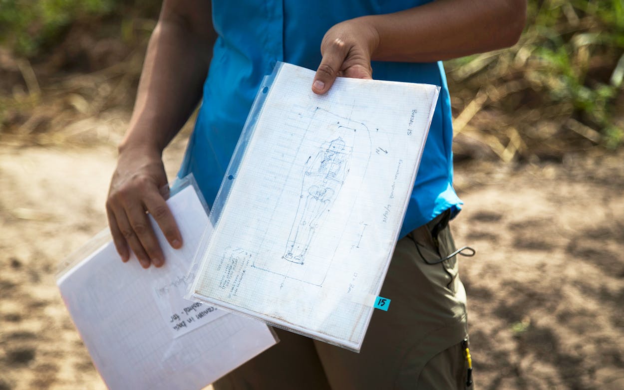 This photo taken July 16, 2018, shows a drawing of one of the burials discovered at the site of the James Reese Career and Technical Center in Sugar Land, Texas.