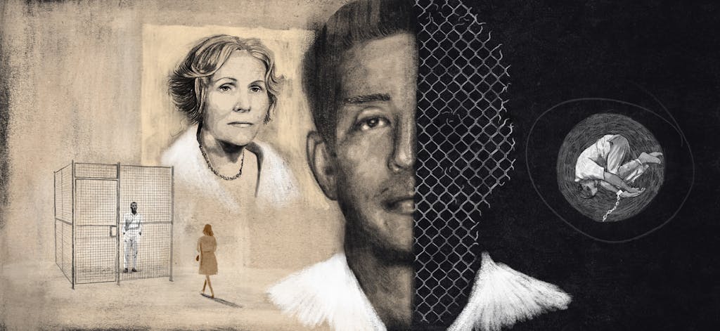 Illusttration of Fred Cruz and Frances Jalet, first meeting at the Ellis prison visitors area. 