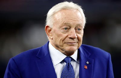 Owner Jerry Jones of the Dallas Cowboys walks on the field before a game on November 30, 2017 in Arlington.