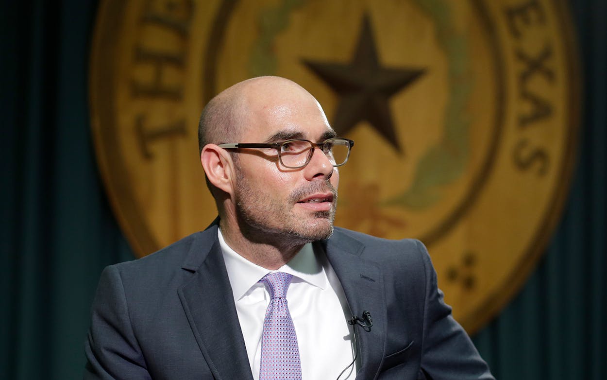 Texas Rep. Dennis Bonnen, R-Angleton, talks to the media at the Texas Capitol, Tuesday, May 12, 2015, in Austin.