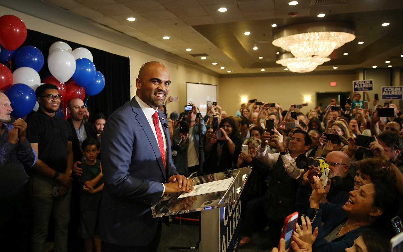 Democratic congressional candidate Colin Allred speaks to supporters during an election night party in Dallas, Tuesday, Nov. 6, 2018.