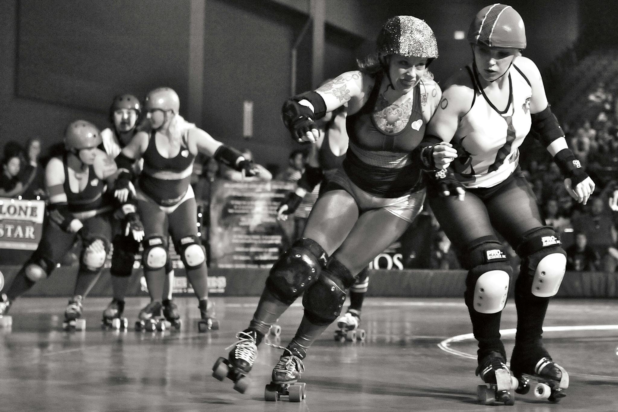 Hot Box face off against Notorious D.I.E., another team in the Texas Rollergirls league, in Austin in 2011.