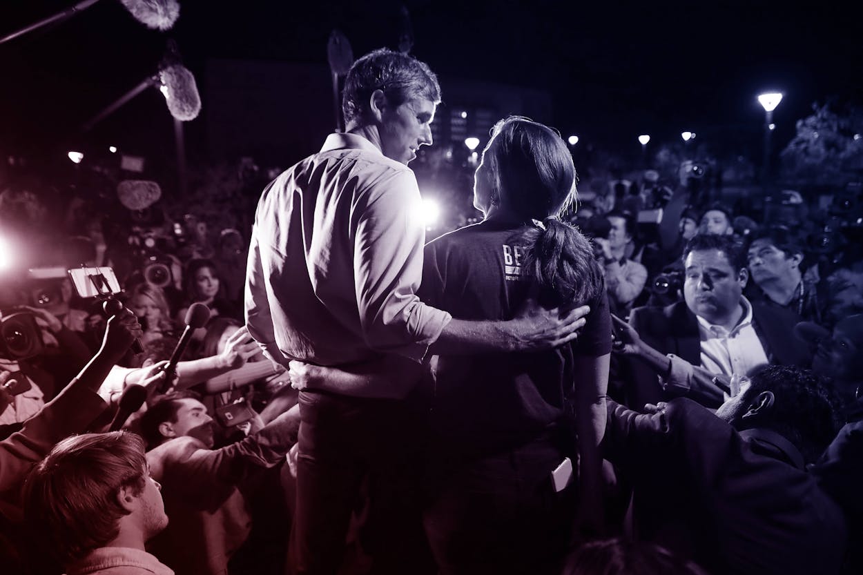 Beto O'Rourke and his wife Amy Sanders talk to journalists before a rally in the Magoffin Auditorium on the campus of the University of Texas El Paso on November 05, 2018 in El Paso, Texas.