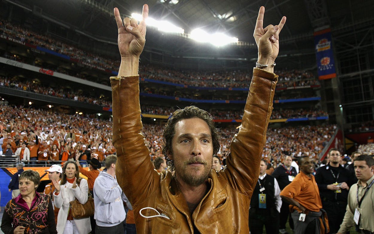 Actor Matthew McConaughey celebrates after the Texas Longhorns defeated the Ohio State Buckeyes on January 5, 2009 in Glendale, Arizona.