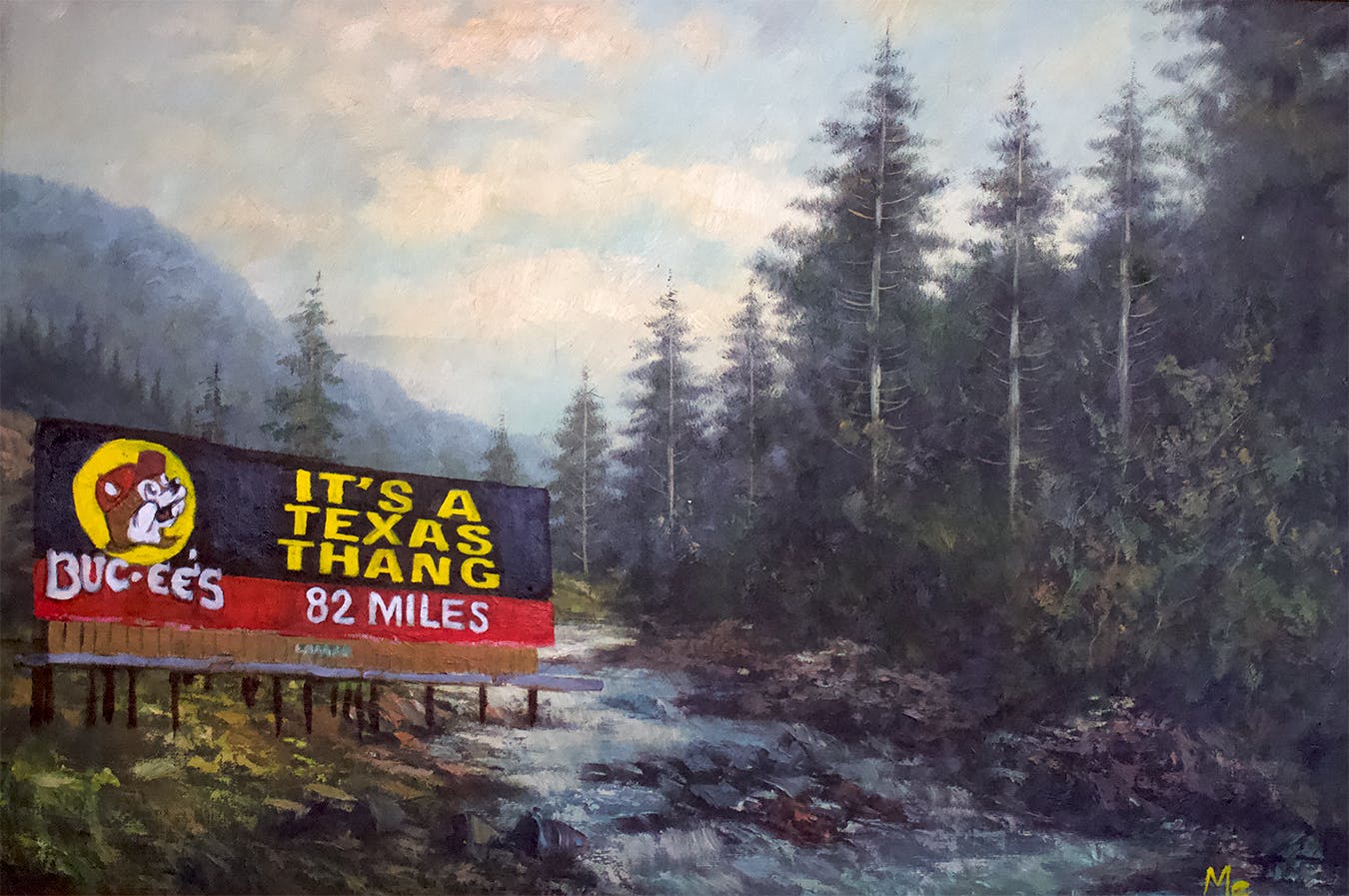 Painting of a billboard that says, "Bucees, Its a Texas Thang" next to a waterfall and pine trees. 