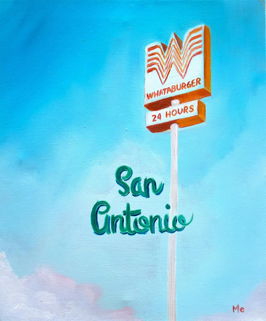 Painting of the Whataburger sign in the sky, with "San Antonio" written in cursive over it. 