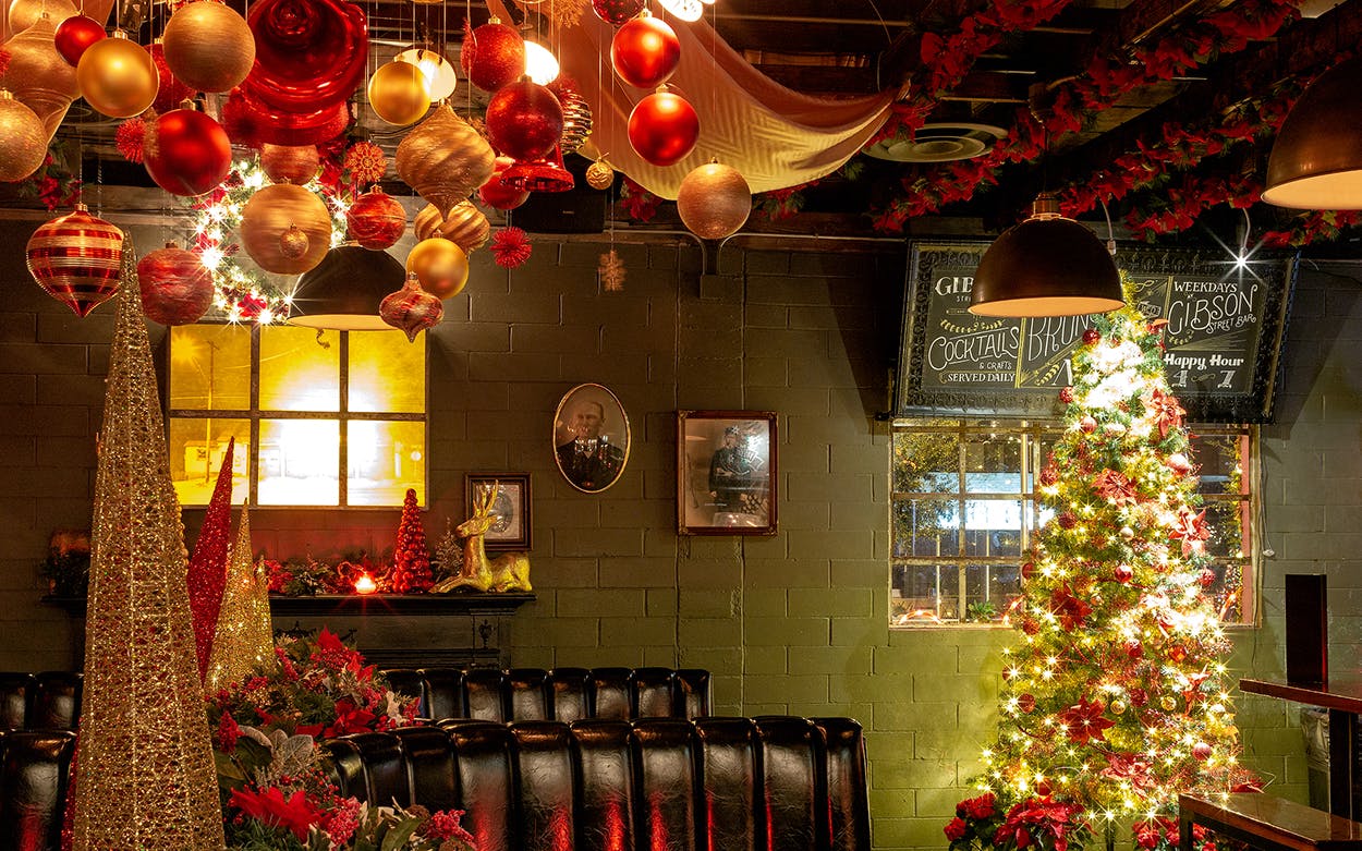 Christmas tree and large ornaments at The Gibson Street Bar. 