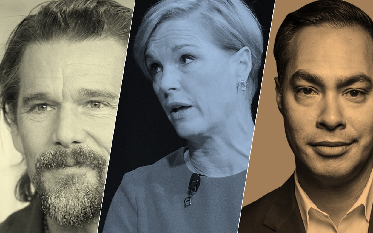 Ethan Hawke, Cecile Richards, and Julián Castro, all guests on the 'National Podcast of Texas' in 2018.
