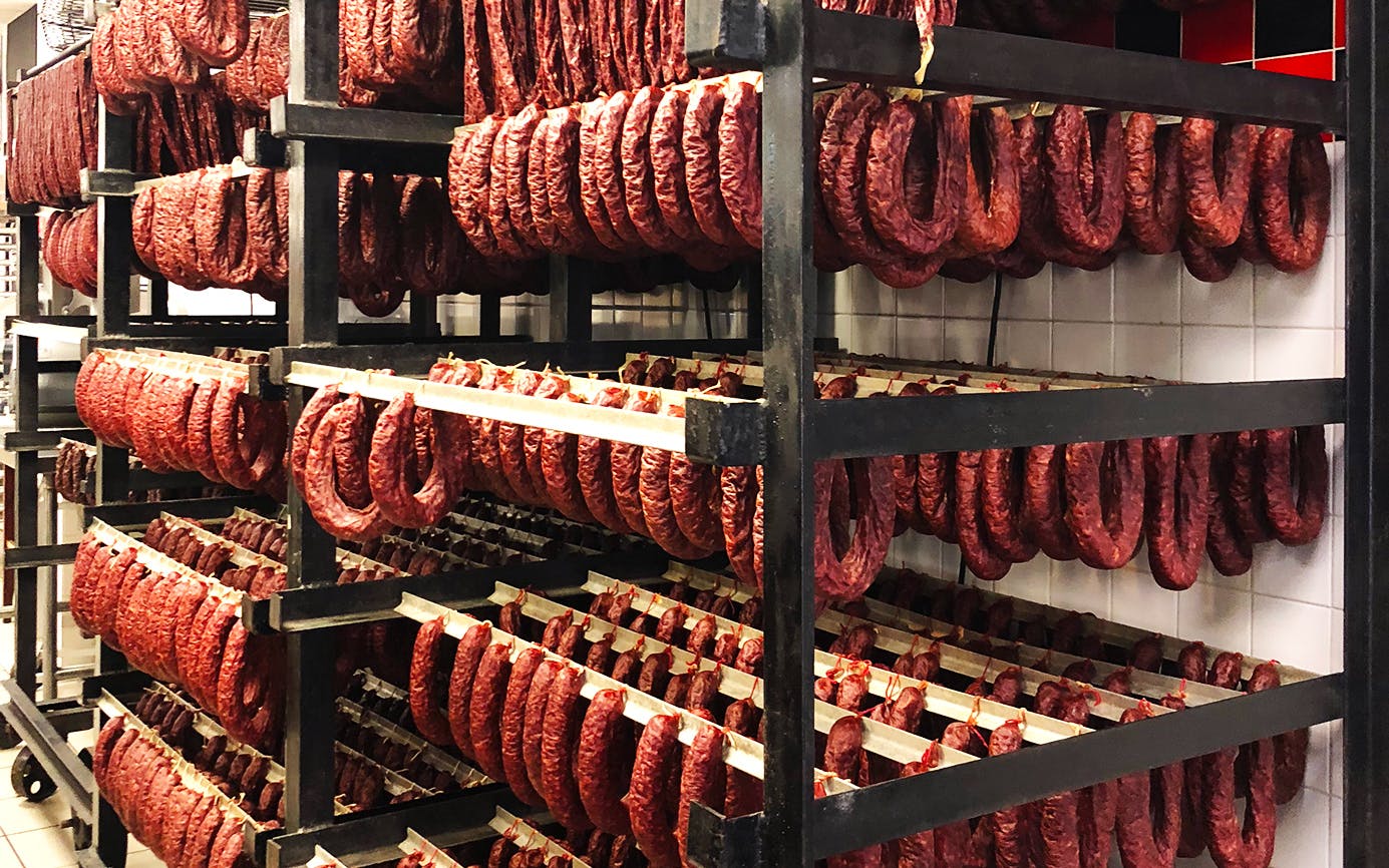 A rack of dried sausages at Granzin's Meat Market.