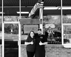 Robin Hightower (left) and Jordan Jackson in front of Bodacious Bar-B-Q in Gladewater