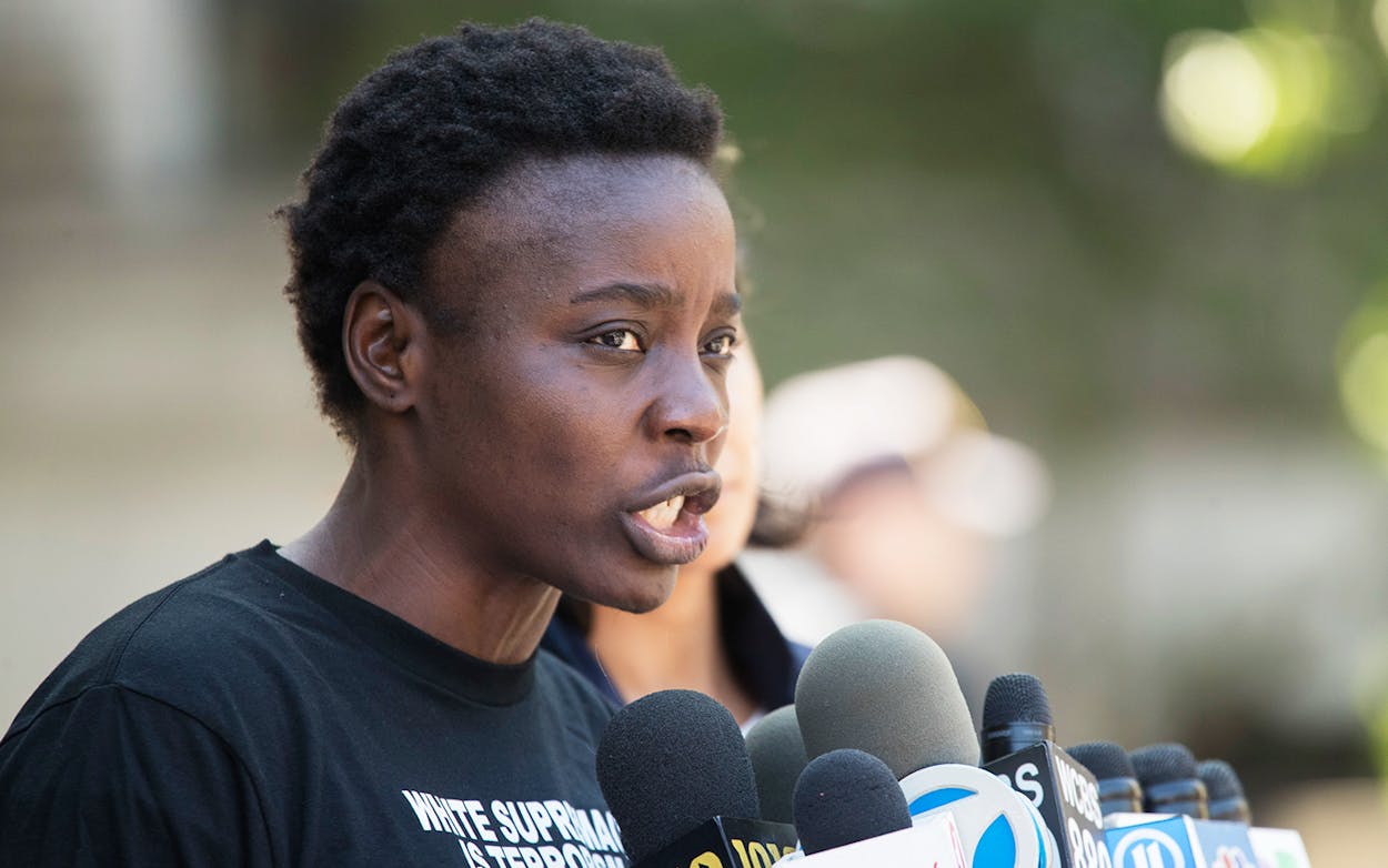 Therese Patricia Okoumou speaks to reporters outside Federal Court on July 5, 2018 in New York.