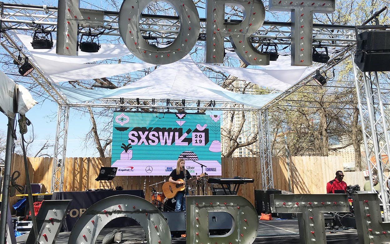 Eleven-year-old Fort Worth singer and songwriter Jack Barksdale performing at Fort Worth's SXSW stage on Rainey Street