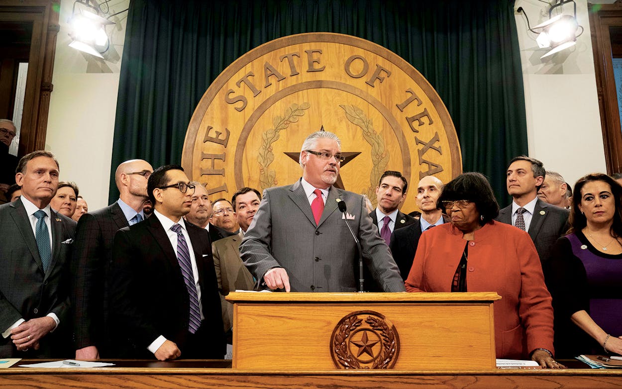 House Committee on Public Education chair Dan Huberty unveils details of the school finance bill on March 5, 2019, in Austin.