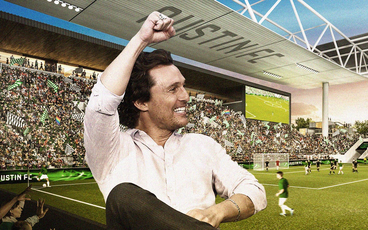 Matthew McConaughey cheering, edited on top of a photo of the Austin F.C. stadium.