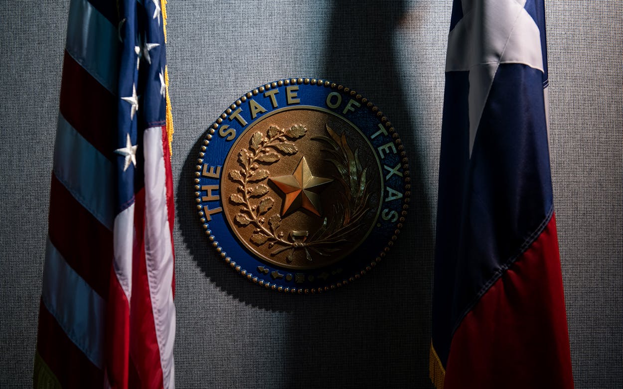 A replica of the state seal in the courtroom of Judge Karen Sage, in Austin.