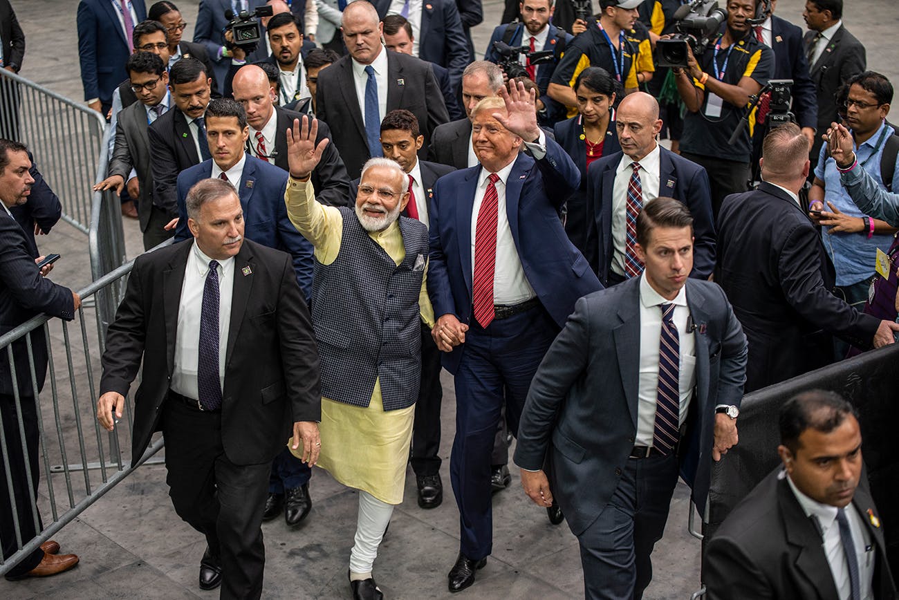 Indian Prime Minster Narendra Modi and U.S. President Donald Trump leave the stage at NRG Stadium after a rally on September 22, 2019 in Houston.