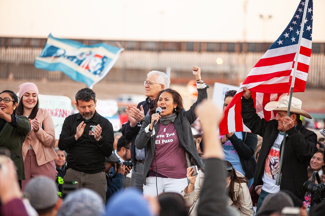 Escobar speaks at a protest of the proposed border wall on February 11, 2019, in El Paso.