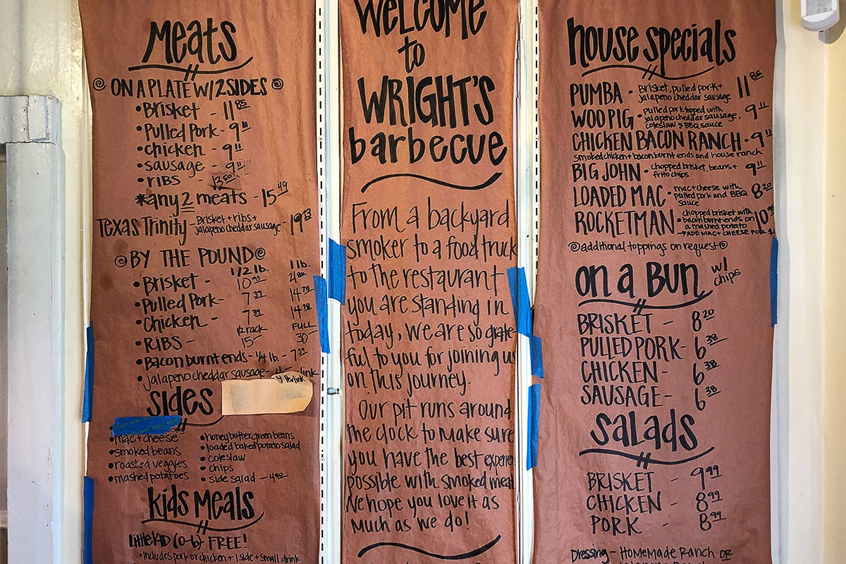 Wright's Barbecue menu, written in sharpie on butcher paper. 