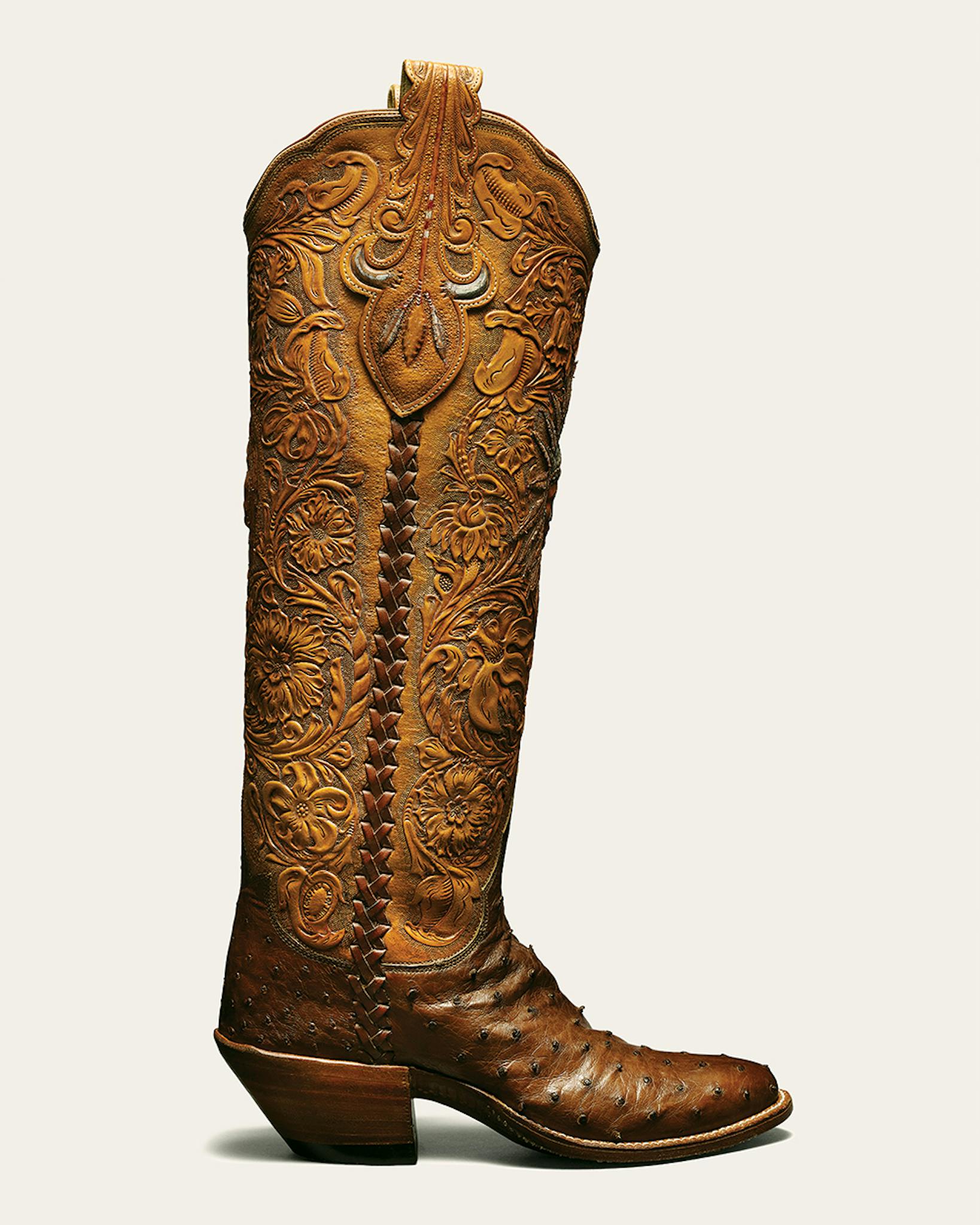 C. T. Chappell Boot Shop's tall, light brown boot with intricate details.
