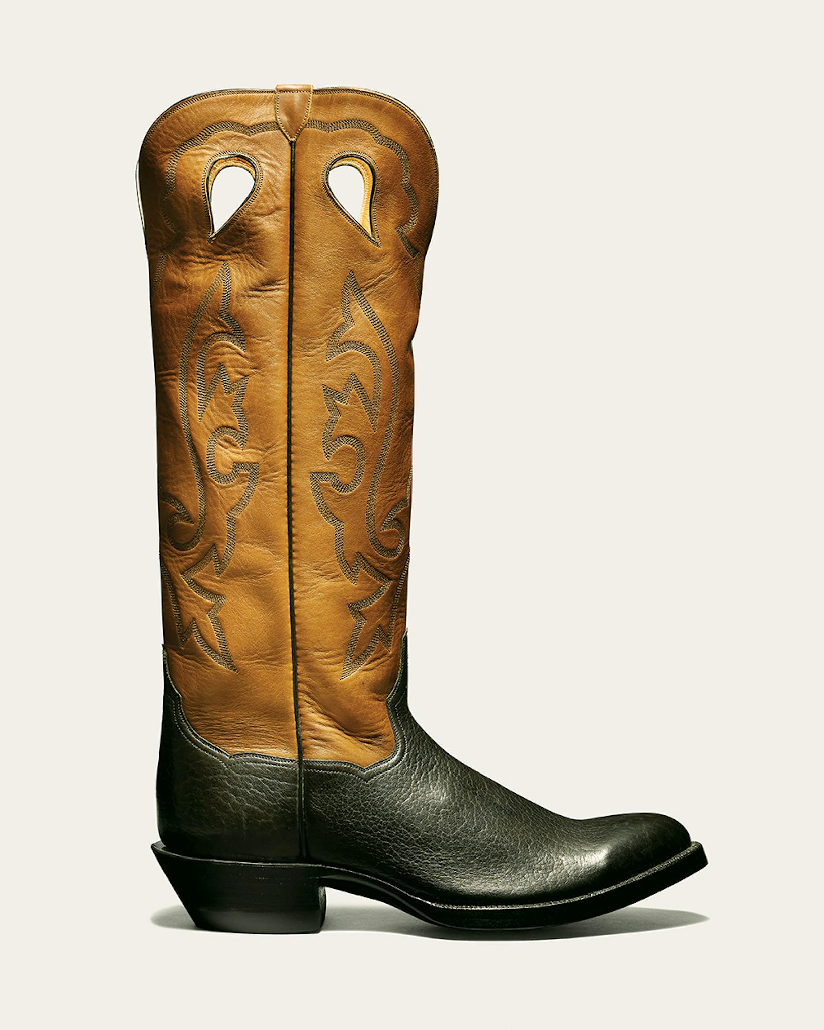 JB Hill tall boot with tan shaft and black vamp.