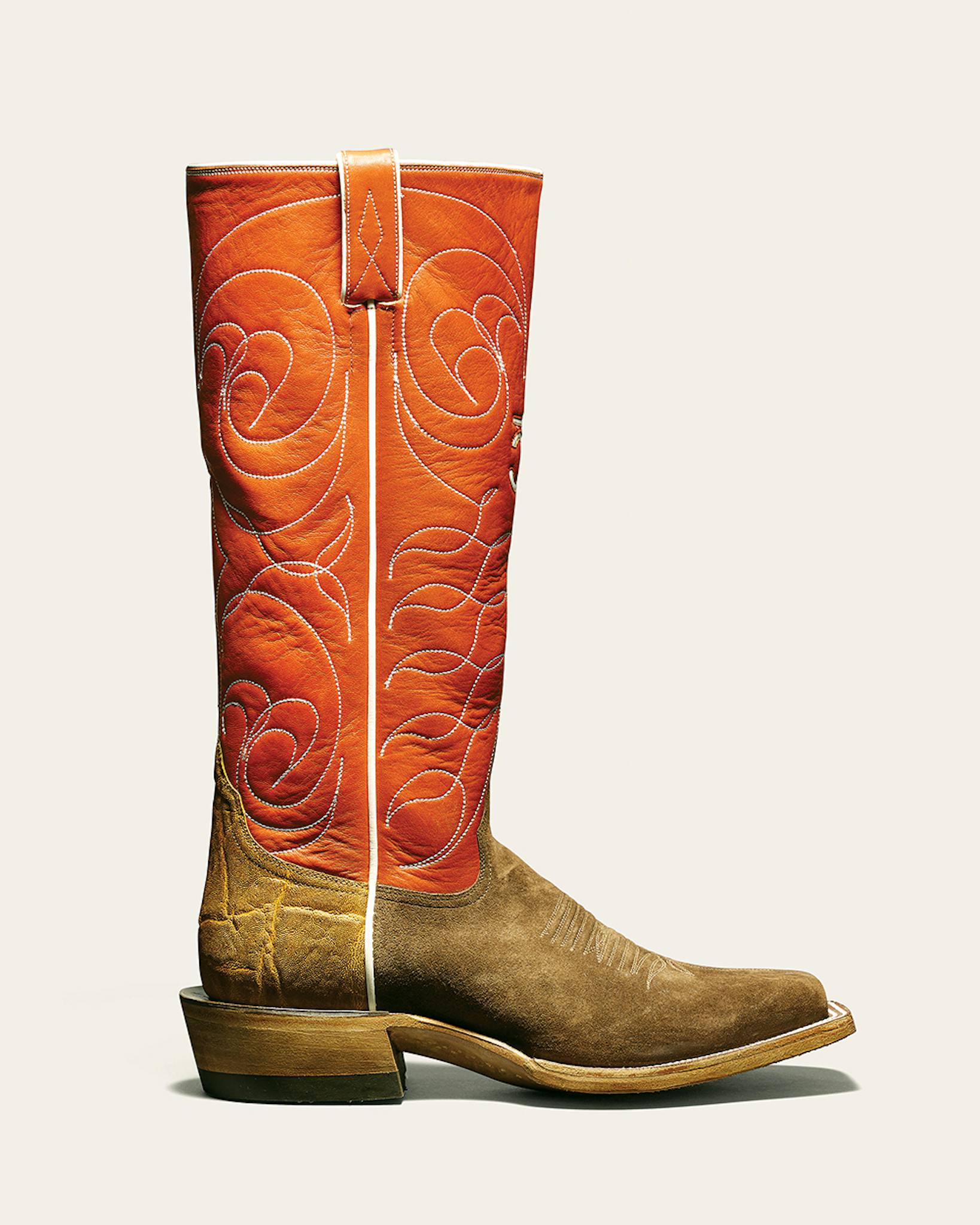 Kimmel Boot Company boot with red shaft and brown vamp.