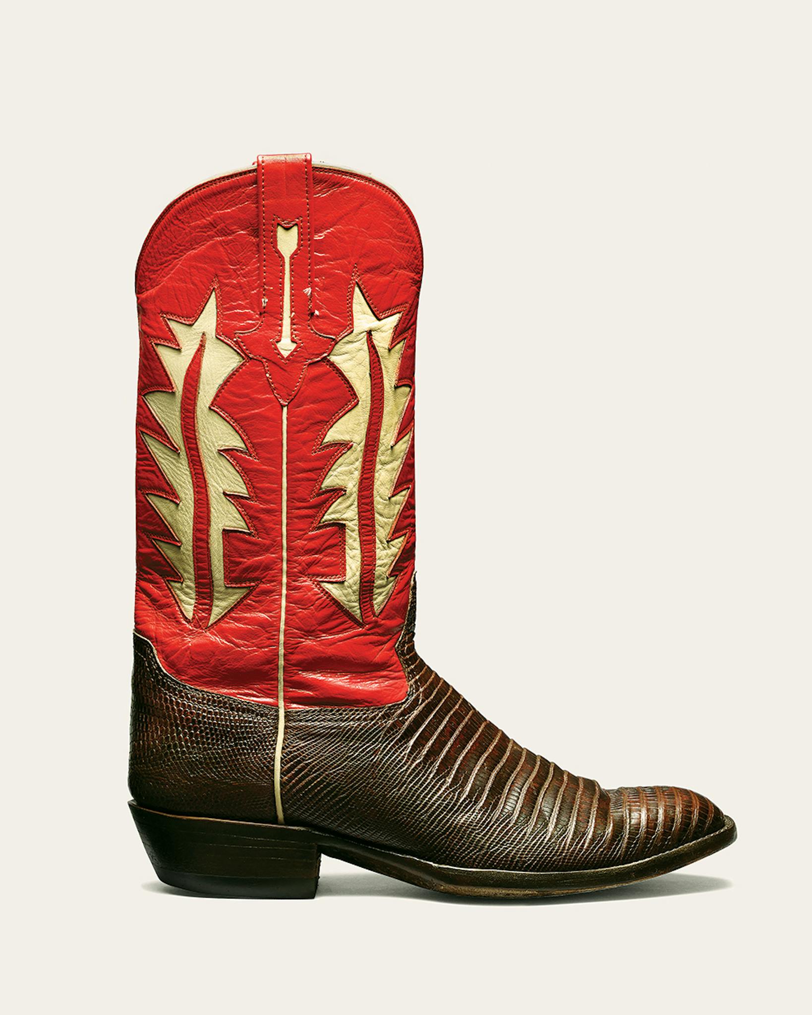 Mission Boot Company boot with red shaft and brown vamp.
