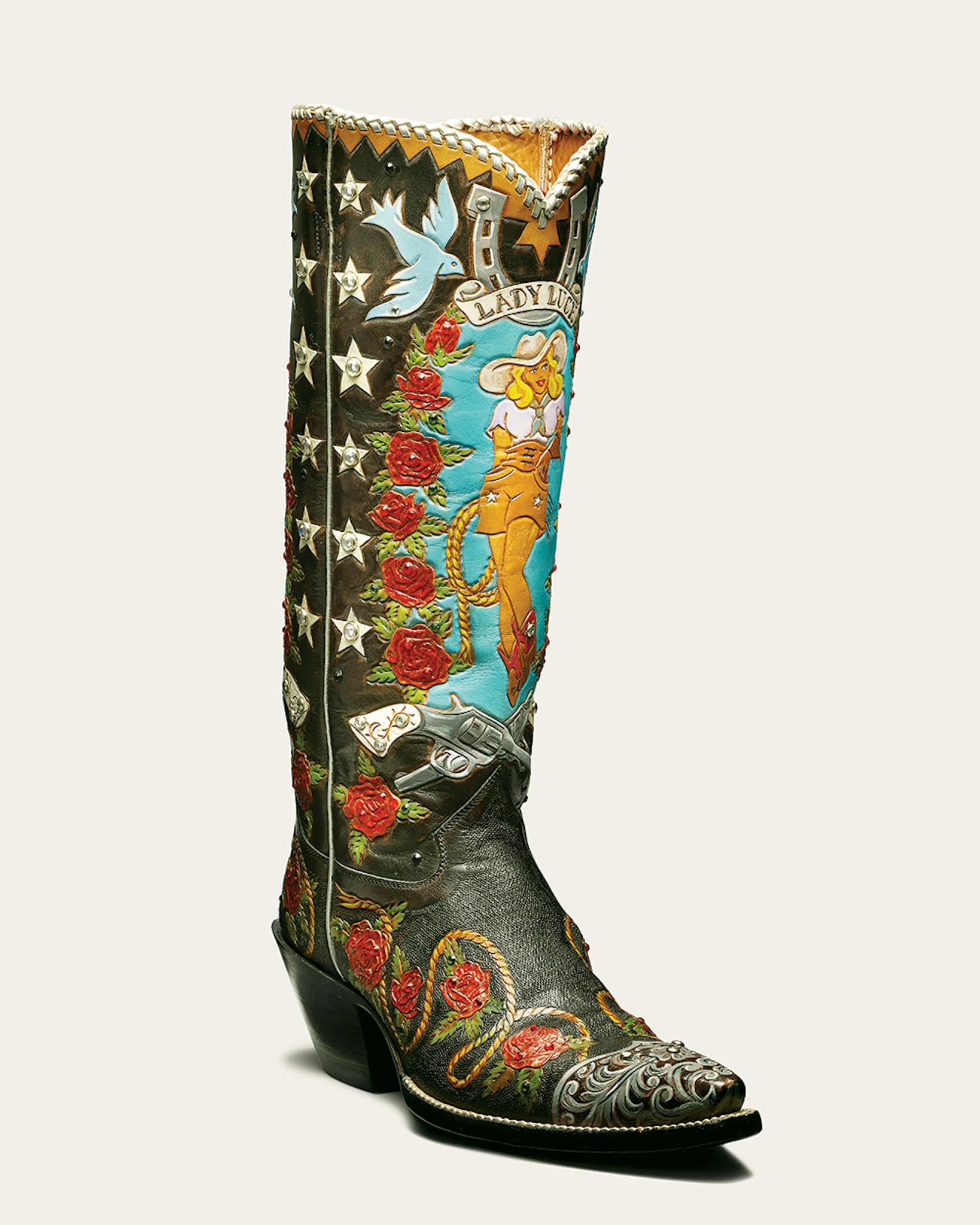 Boot with a woman's silhouette, stars, and roses.