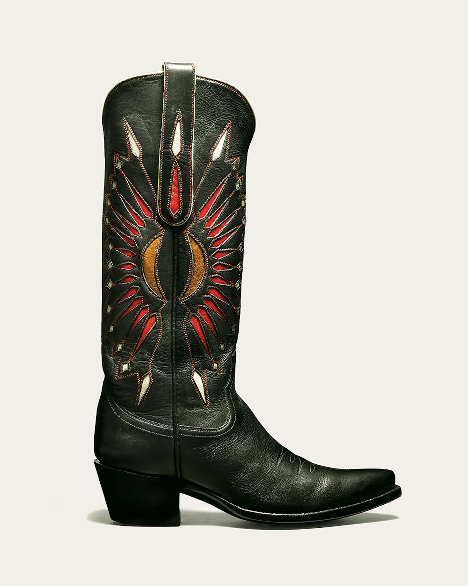 Tall black Stallion Boots boos with red, white, and orange details.