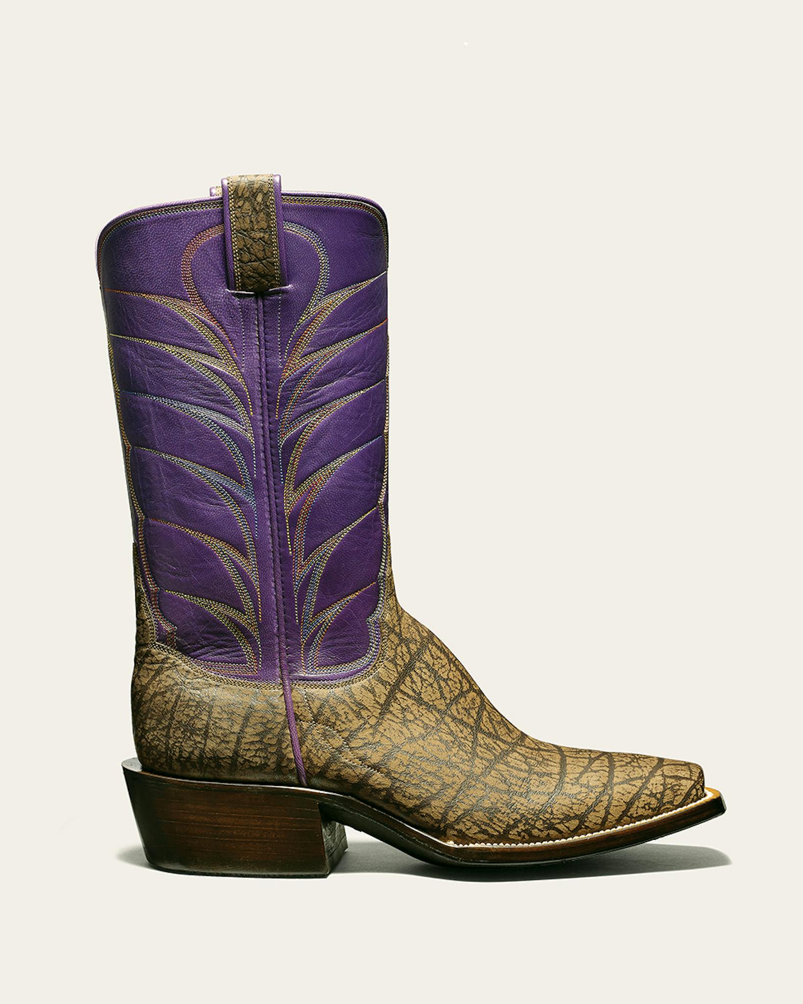 Van Curen Leather boot with purple shaft.