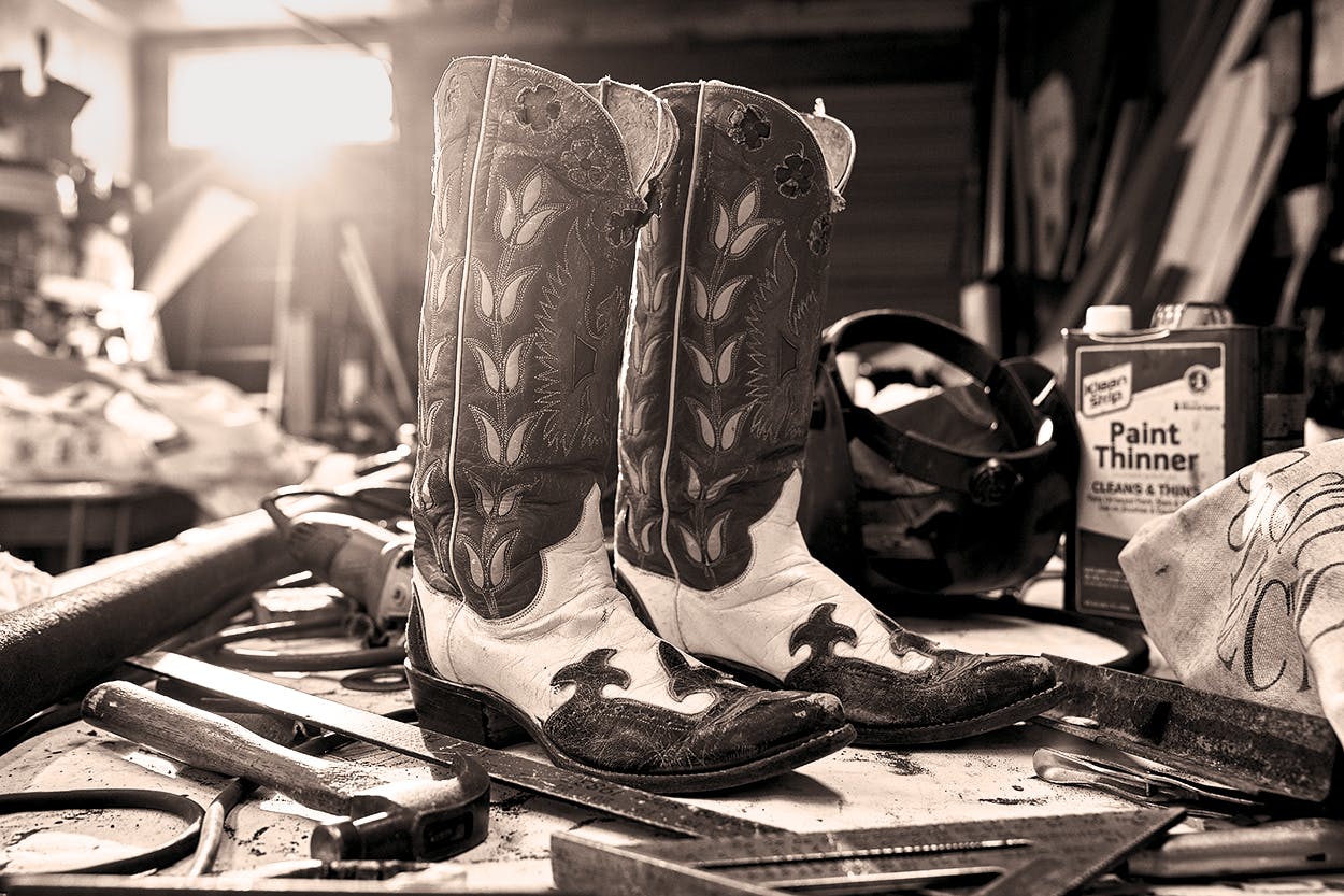 Evan Voyles's grandfather’s 1930s boots from Hyer Boot Company, in Olathe, Kansas.