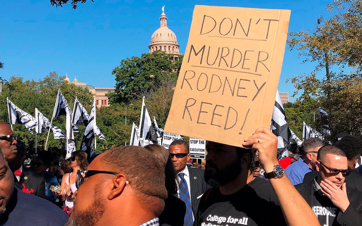 Supporters rally to stop the execution of Texas death row inmate Rodney Reed outside the governor’s mansion in Austin on Saturday, Nov. 9, 2019.