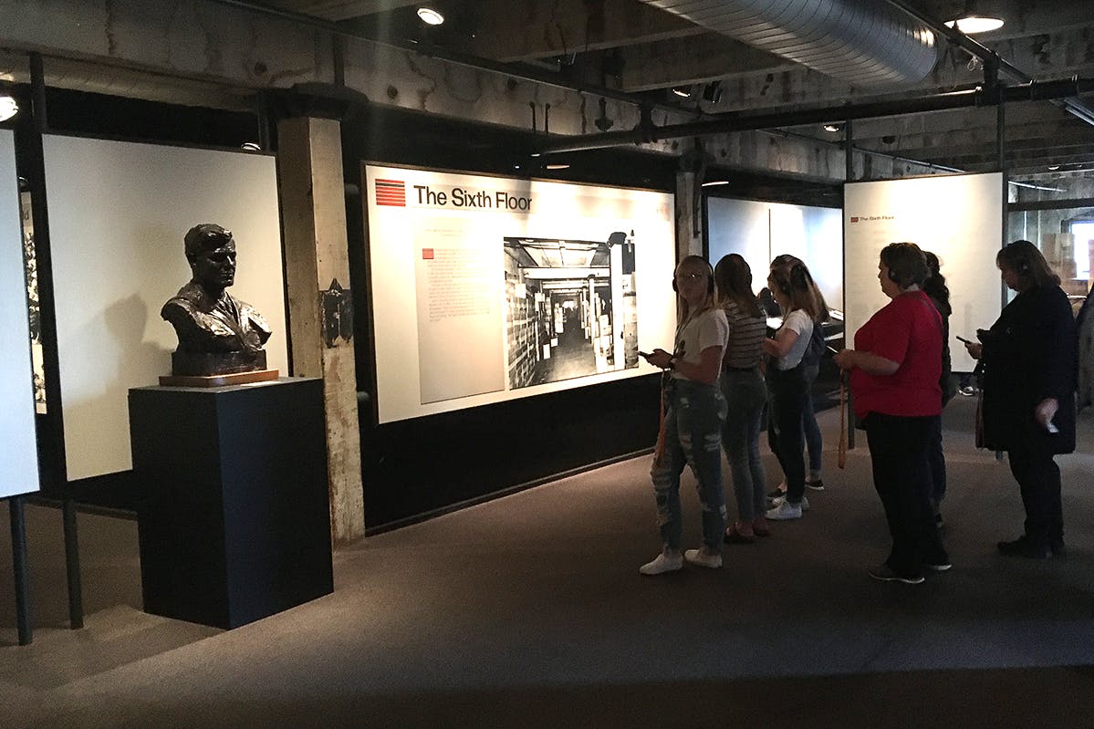 Visitors in the Sixth Floor Museum at Dealey Plaza. 