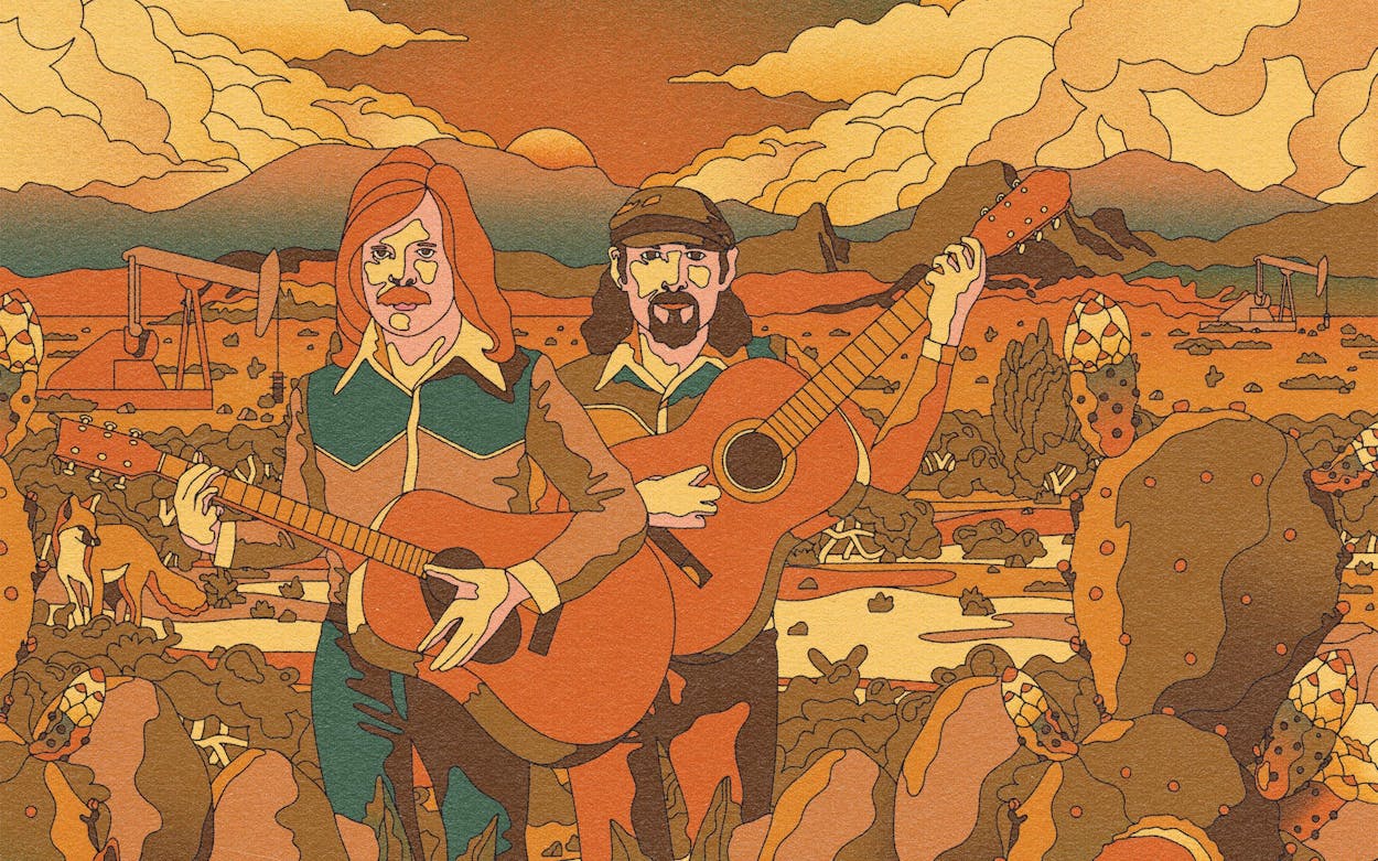 Abstract, warm-colored illustration of Jim and Dan Seals.