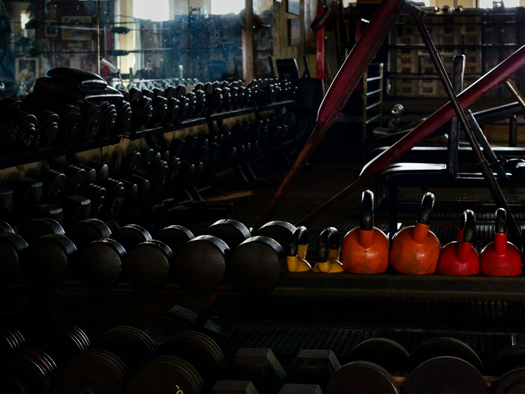 Compared to today’s bright, spare, high-tech gyms christened with Internet start-ups names like Telos and Paradigm, Doug’s was positively medieval: Nothing white, nothing plastic; all leather, wood, and aged metal. This picture of a small sea of dumbbells hints at just how much weight was on the floor—12,000 to 15,000 pounds, by Eidd’s estimate. The light on those candy-colored kettlebells hits like a neon motel sign on a dark, lonely road.