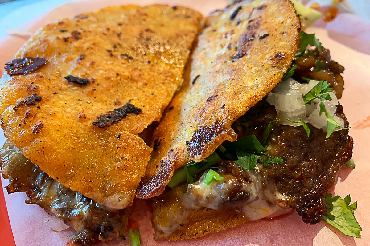 Closeup of crispy birria tacos from Revolver Taco Lounge. 