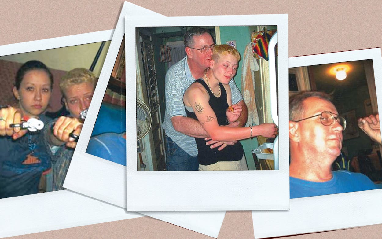 Polaroid shot of Bob Dow hugging Bobbi Jo Smith from behind, surrounded by other polaroids of them and Jennifer Jones.