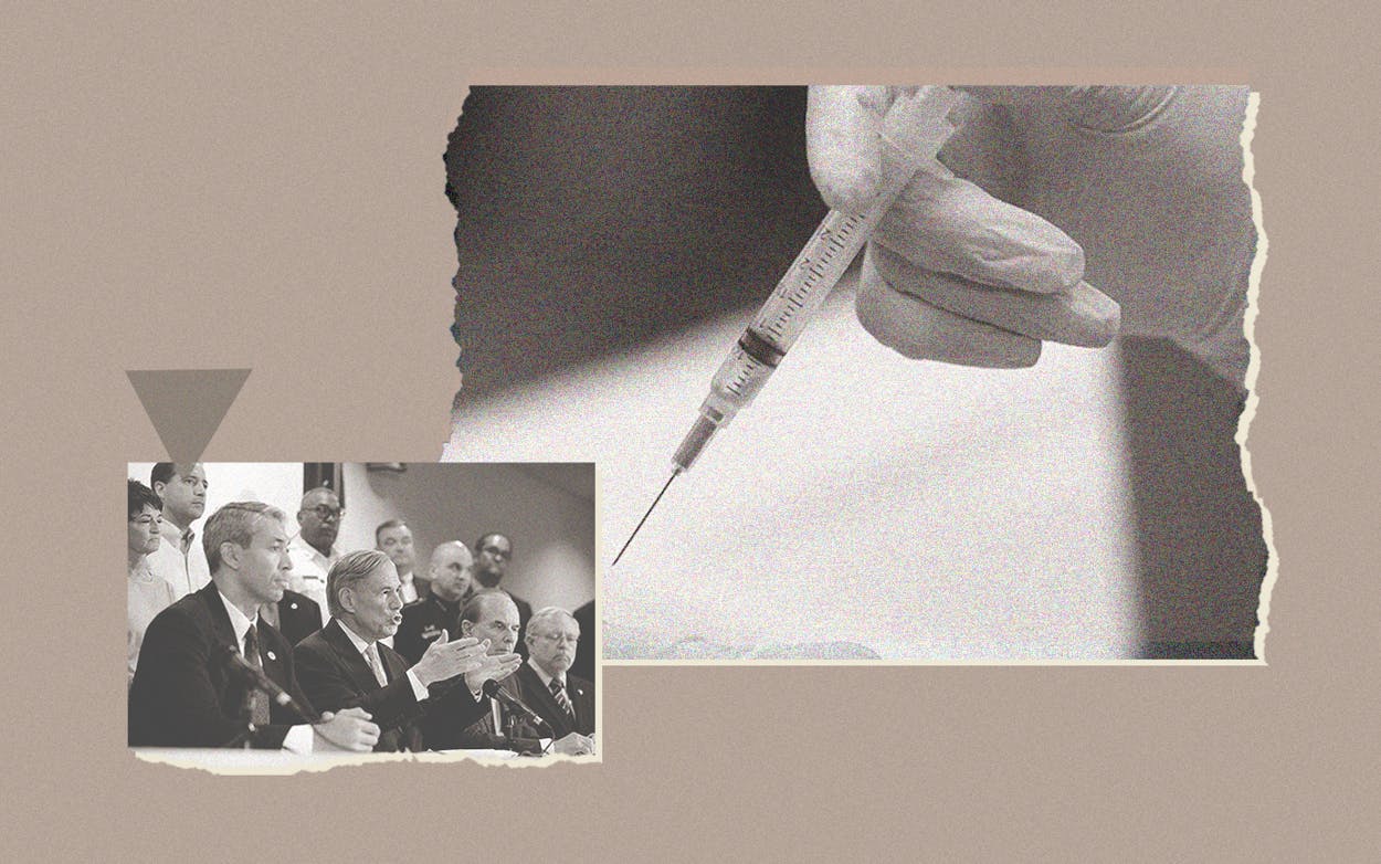 Collage of a syringe and city officials discussing vaccines.