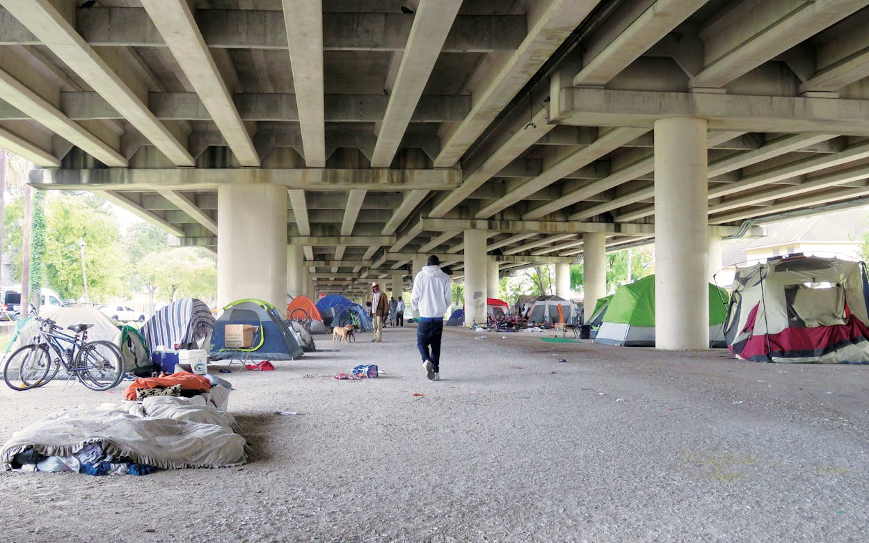A homeless encampment near downtown Houston, Texas.