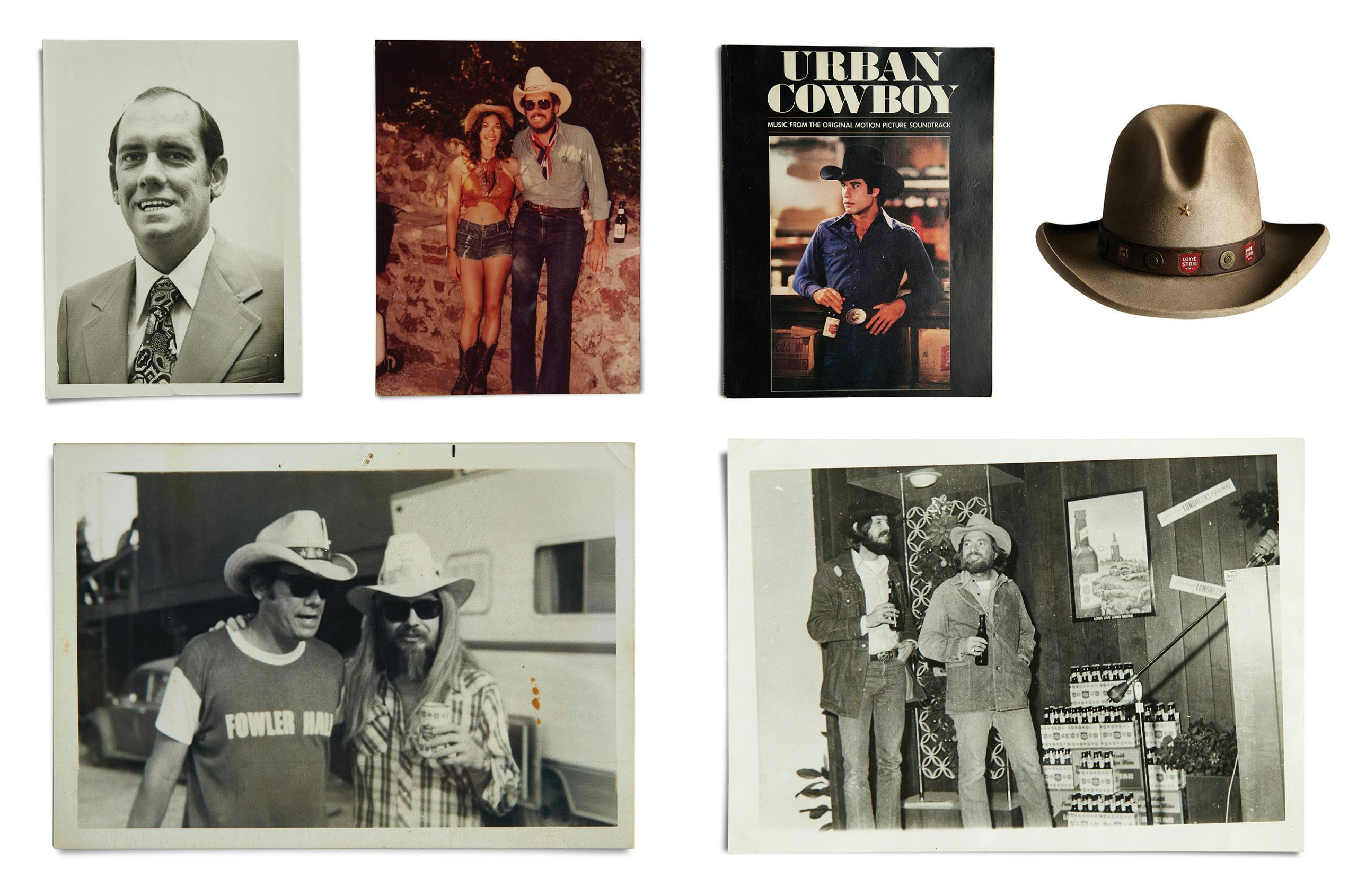 Left to right: Retzloff in 1973 as a district manager; Retzloff photographed six years later with Playboy model Barbi Benton; an Urban Cowboy songbook; the Lone Star Dude hat designed by Manny Gammage; Retzloff and Leon Russell at Willie's picnic in 1974; and Willie at one of several Lone Star sales meetings where he performed.