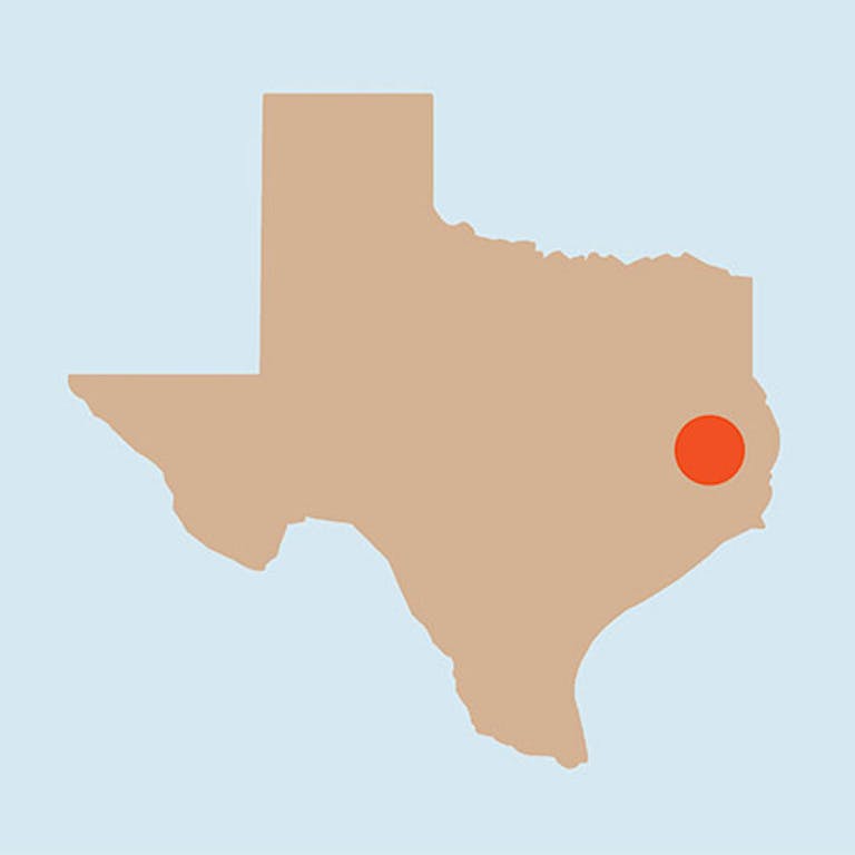 Graphic of Texas showing the location of Trinity River. 