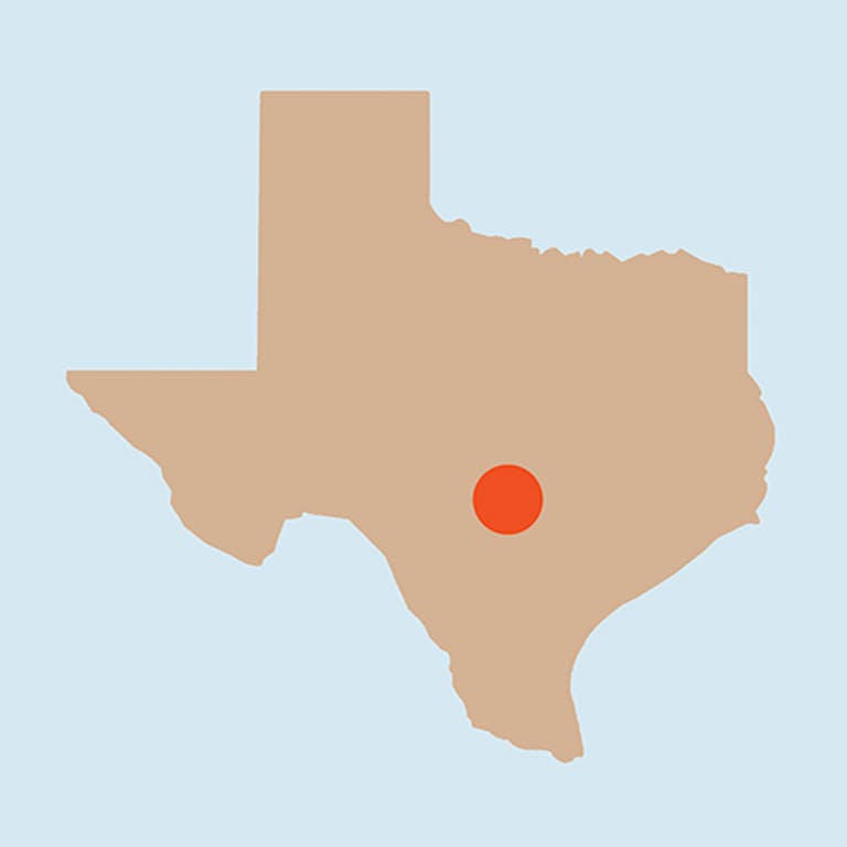 Graphic of Texas showing location of the Guadalupe River, below Canyon Dam. 