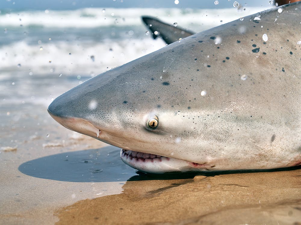 Close up of a beached bull shark's head. 