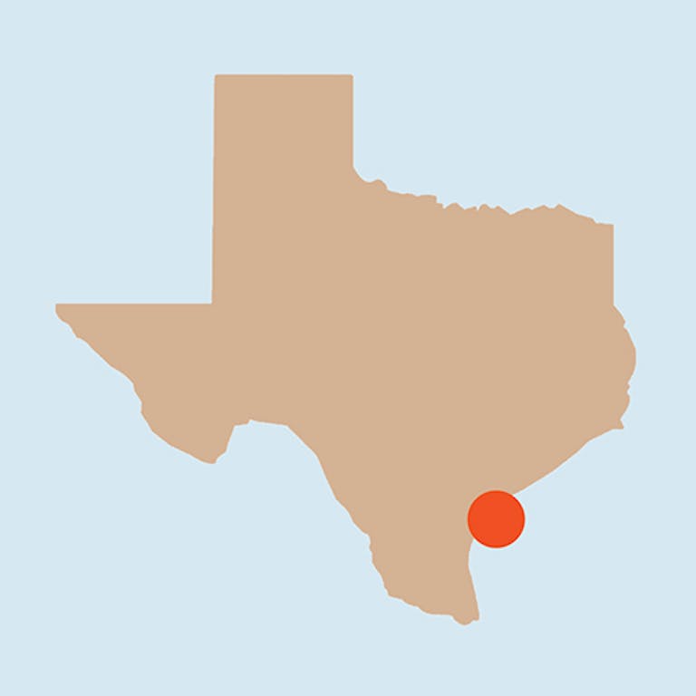 Graphic of Texas, with a red dot over the Padre Island National Seashore. 