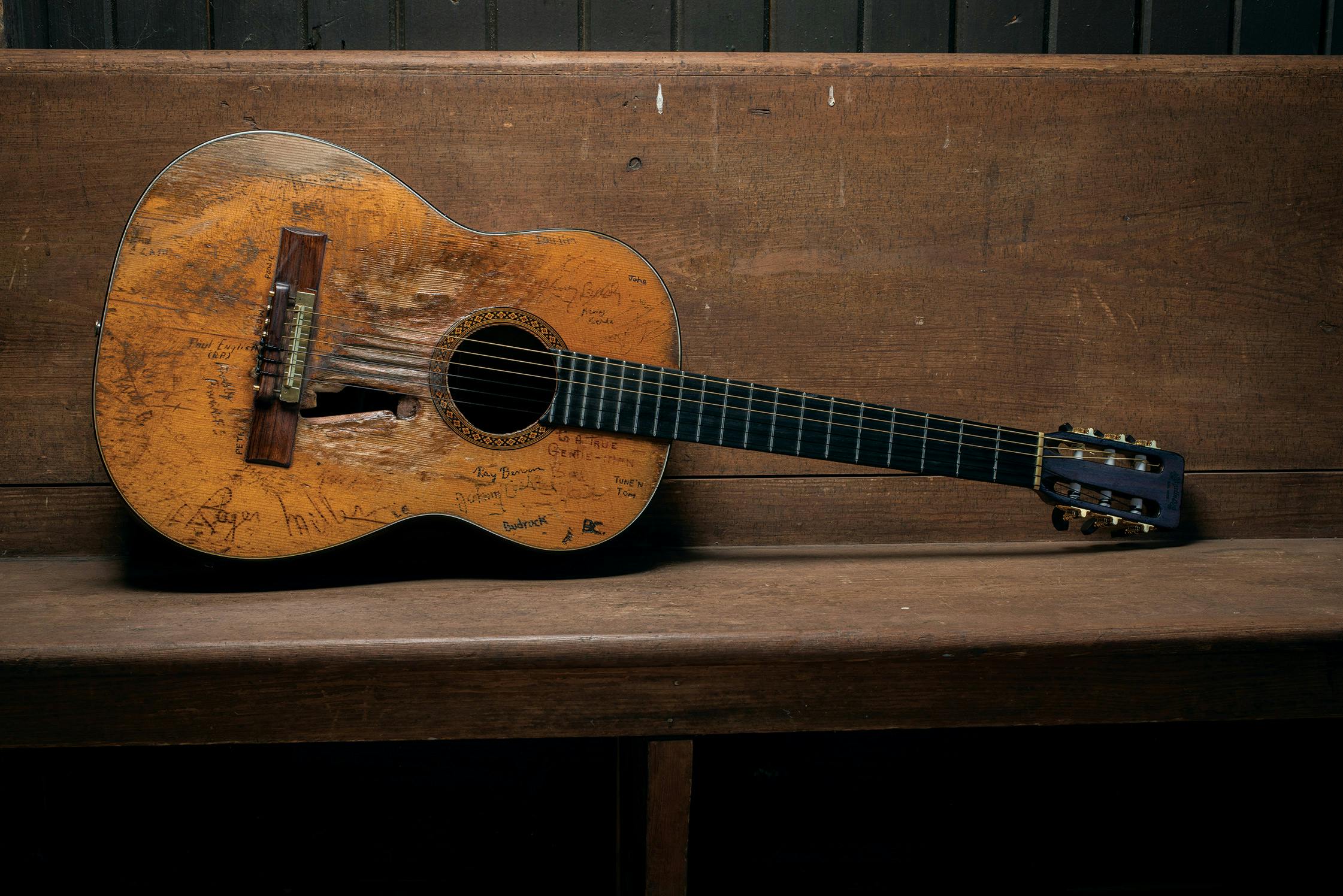 Nelson's longtime guitar, Trigger, photographed at Nelson's ranch.