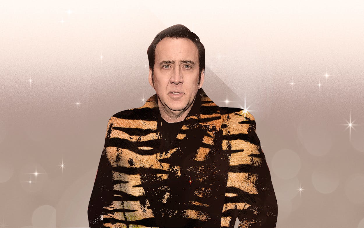 Illustration of Nicolas Cage in a tiger print blazer.