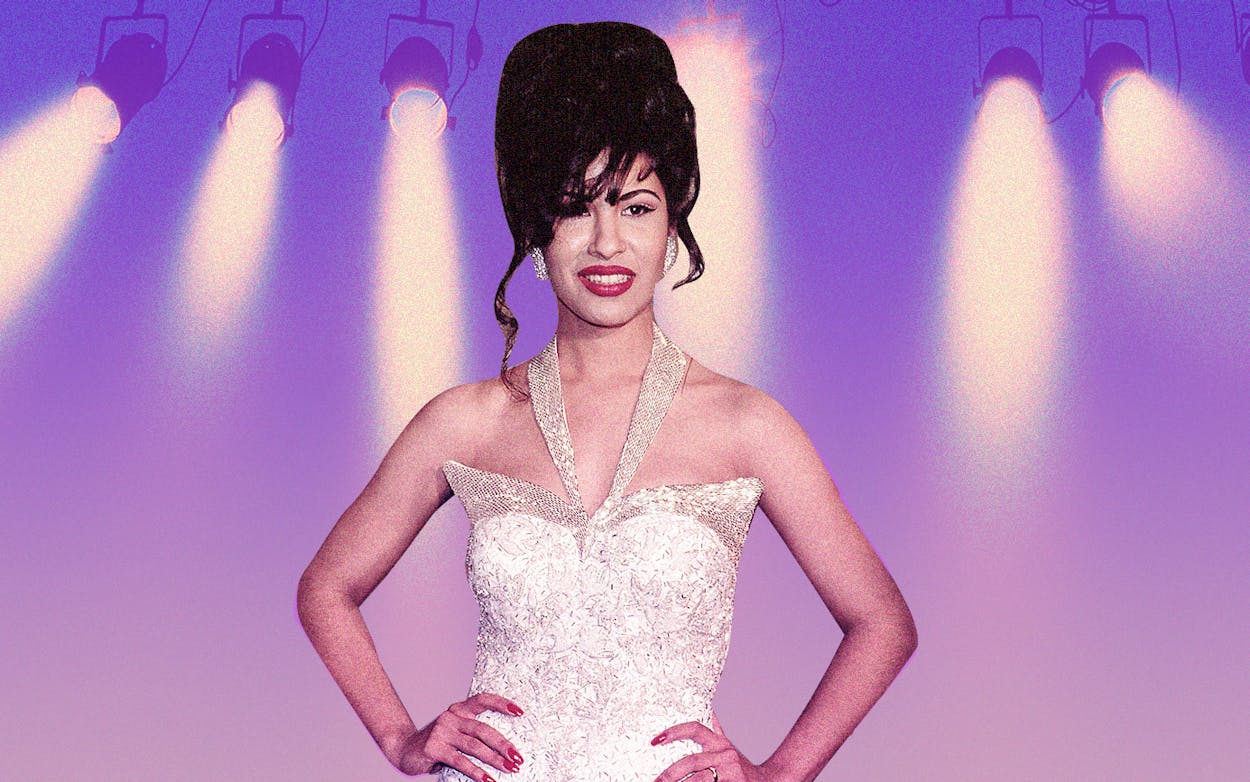 Selena Quintanilla on stage sporting a beehive up-do.