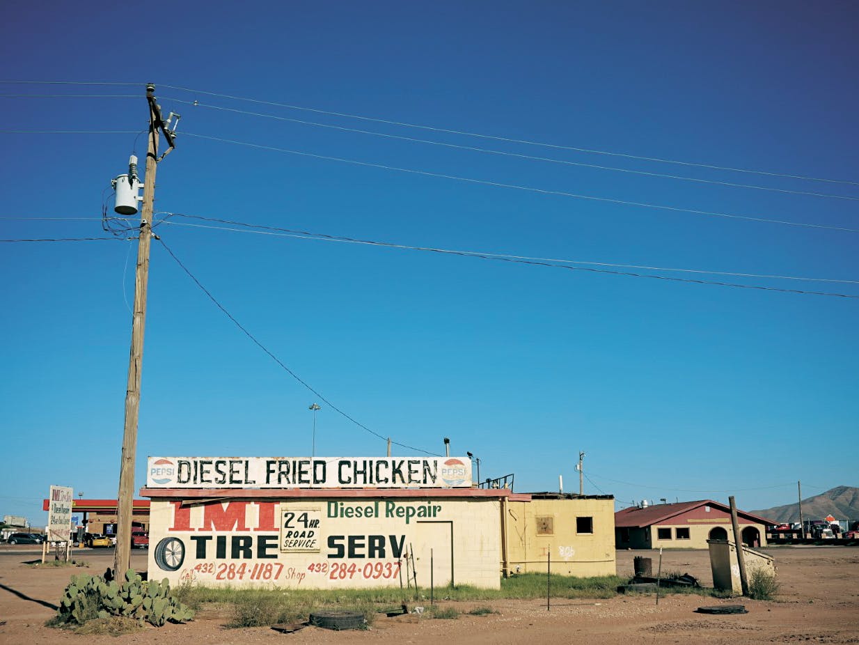 The “Diesel Fried Chicken” sign that once topped a tire shop in Van Horn. 